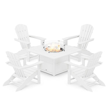 POLYWOOD Palm Coast 5-Piece Adirondack Chair Conversation Set w/ Fire Pit Table - White